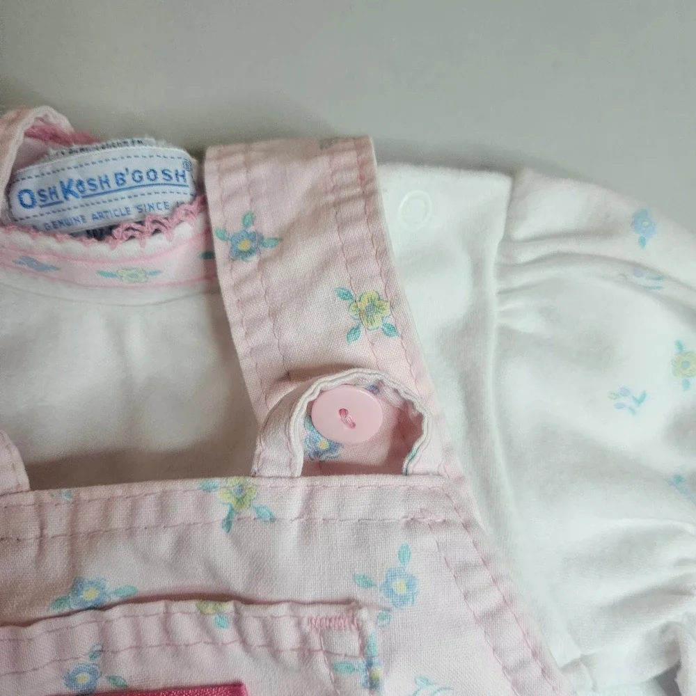 Vintage OshKosh Bgosh Baby Girls Pink Floral Romper Shirt Set Made in USA 18M